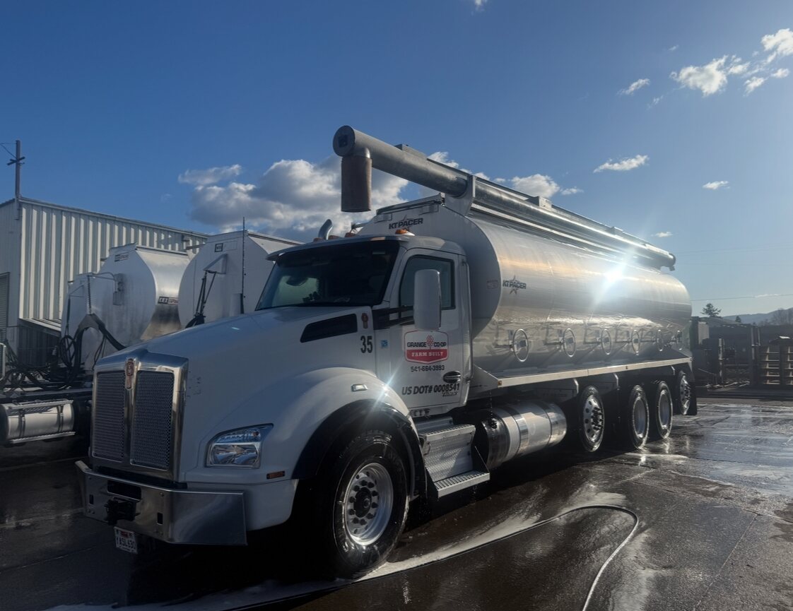 A clean Grange Co op tanker truck after mobile fleet washing in Southern Oregon